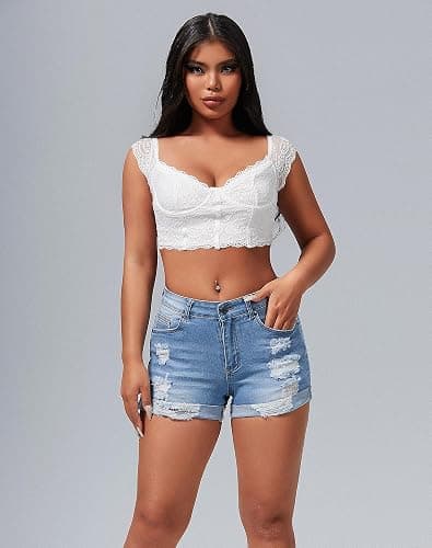 roswear Women's Summer Mid Rise Ripped Denim Shorts Stretchy Butt Lifting Jean Shorts thumbnail 3