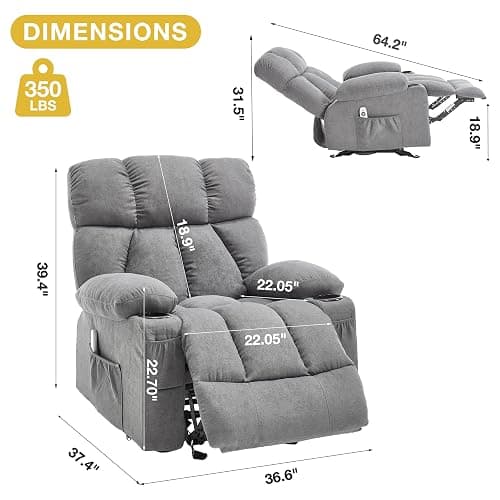 Massage Recliner Chair, Overstuffed Rocker Lazy Boy Chairs with Vibration&Gently Heat,Fabric Ergonomic Manual Nursery Chair for Living Room with Side Pocket, 2 Cup Holders&USB Charge Port, Grey thumbnail 2