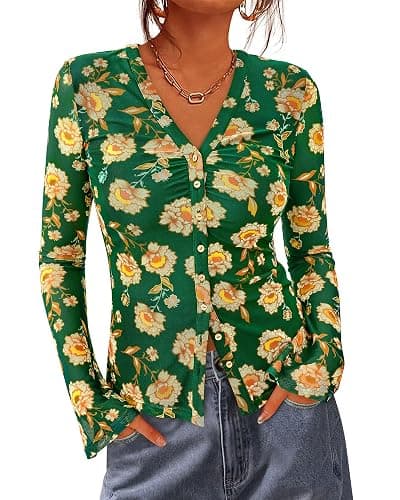 BTFBM Button Down Shirts for Women 2026 Spring Boho Tops V Neck Long Sleeve Blouses Ruched Mesh Fitted Fall Fashion - Image 1