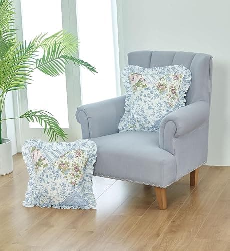 Brilliant Sunshine Blue Rose Patchwork Ruffle Pillowshams, Quilted Decorative Pillow Covers Set, Square Throw Cushion Cases for Couch, Reclining Chair, Car, Bed, 18x18, Pack of 2, Blue Rose thumbnail 6