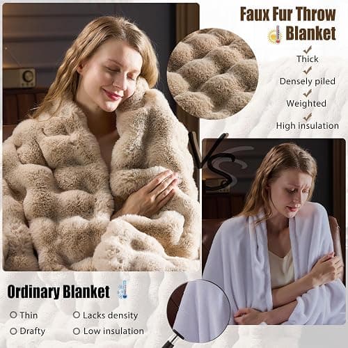 PLUUSHUU Faux Fur Throw Blanket for Couch, Fluffy Fuzzy Plush Bubble Blanket, Soft Warm Cozy Shaggy Rabbit Blanket, Luxury Decorative Gifts for Sofa Bedroom Living Room, 60x50inch (Naked Color) thumbnail 2
