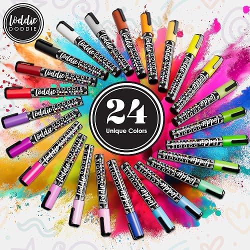 Loddie Doddie Chalk Markers - 24-Pack, 6mm Reversible Tips - Colored Chalk Pens for Art & Decor - Window Markers for Glass & Metal - Dry Erase Pens for Mirrors & More thumbnail 6