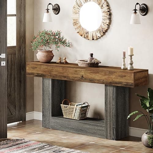 Tribesigns 63" Console Table, 2-Tier Entryway Table with U-Shaped Base | Narrow Long Sofa Table Behind Couch Table for Living Room, Hallway, Vintage Brown & Gray thumbnail 3