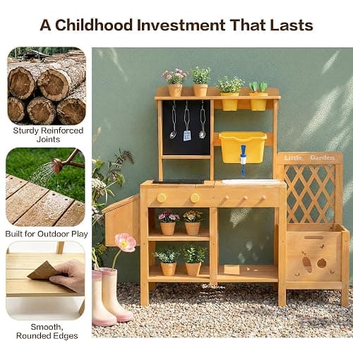 Wooden Mud Kitchen for Kids, Outdoor Play Kitchen with Real Running Water Sink, Mud Table, Gravity Water Tank, Planting Box, Critter Observation Box, 12-Pc Accessory Kit, Toddler Gift, Age 3+ thumbnail 5