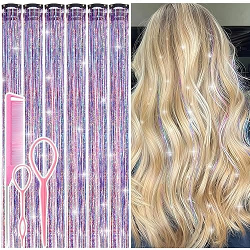 Hair Tinsel Clip in Dreamy Colorful Fairy Hair Tinsel Kit, 12 Pcs 24 Inch Glitter Clip in Hair Extensions for Girls Women Kids Christmas New Year Festival Party (Dreamy Colorful) - Image 1