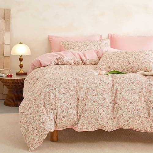 Wake In Cloud - Floral Duvet Cover Set, Cute Vintage Flower Cottagecore Aesthetic for Women Teen Girls, Soft Lightweight Bedding, 3-Piece, Cream Pink, Queen Size - Image 1