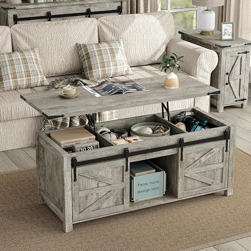 Furnihold Coffee Table Set of 2, Farmhouse Living Room Coffee Table Set, End Table with Charging Station & Drawer and Lift Top Coffee Table with Storage for Home Office, Oak Grey thumbnail 3