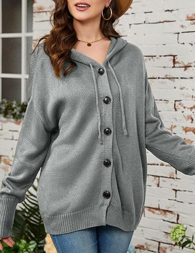 Women's Casual Cardigan V Neck Button Down Hooded Sweaters Long Sleeve Hoodies Outfits - X-Large - Grey thumbnail 3