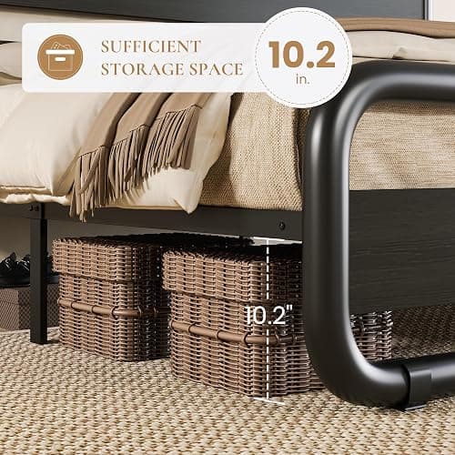 SHA CERLIN Queen Size Metal Bed Frame with Wooden Headboard and Footboard, Heavy Duty Oval-Shaped Platform Bed with Under-Bed Storage, Noise Free, No Box Spring Needed, Black thumbnail 4
