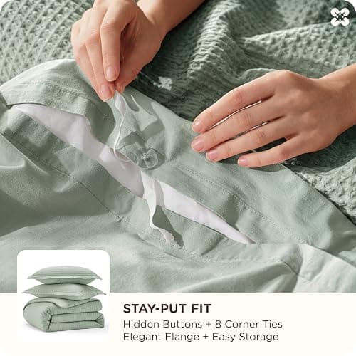 Bedsure Cotton Duvet Cover Queen - 100% Cotton Waffle Weave Sage Green Duvet Cover Queen Size, GentleSoft™ and Breathable Bedding Set for All Season, 3 Pieces, 90"x90" thumbnail 5