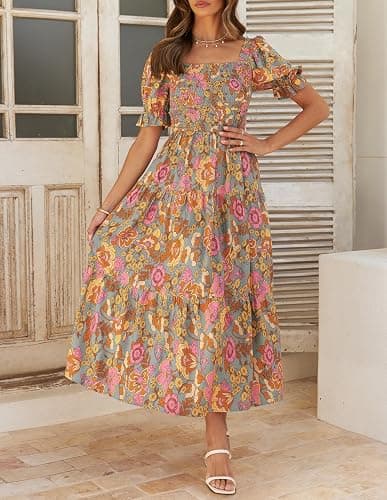 ZESICA Women's 2025 Summer Boho Floral Print Square Neck Ruffle Swing Beach Long Maxi Dress thumbnail 2