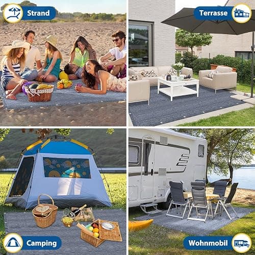 FIVMEN Tapis d'auvent - 400 x 600 cm - Tapis de camping - Antidérapant - Lavable - Avec trous - Piquets et sac de transport - Gris et bleu thumbnail 8