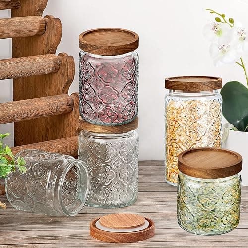 Gerrii 5 Pcs Begonia Pattern Round Vintage Glass Food Storage Containers 17/24/34 oz Glass Jar with Lid Airtight Candy Jar Food Canisters for Kitchen Counter Pantry Coffee Tea Beans thumbnail 7