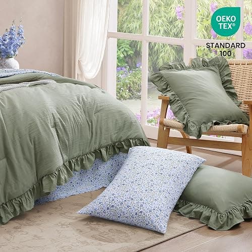 BLOOMHAVEN Queen Comforter Set - 7 Pieces Ruffle Sage Green Bedding Sets, Shabby Chic Farmhouse Bed in a Bag Queen with Ruffle Comforter, Floral Sheets, Pillowcases & Shams thumbnail 5