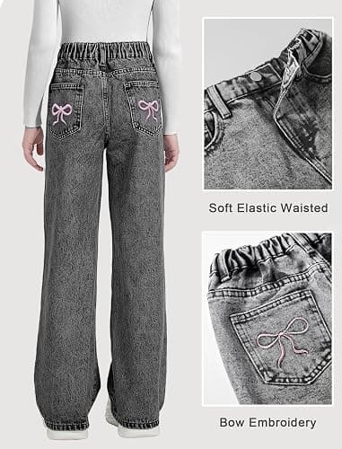 Fulihug Girls Wide Leg Jeans Baggy Bow Embroidery High Elastic Waist Denim Pants Cute Y2K Trendy Tween Streetwear 8-16Y thumbnail 4