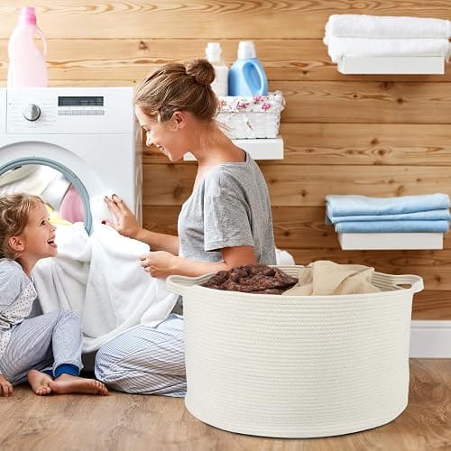 XUANGUO Extra Large Cotton Rope Basket Blankets Basket Living Room 22"x14" Toy Basket for Kids Dogs Rope Storage Basket for Nursery Woven Laundry Basket for Clothes Towels Baby Toy Storage round white thumbnail 4