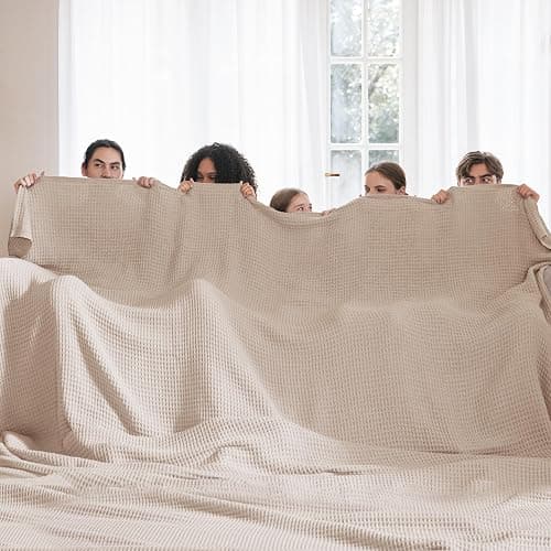 Bedsure 100% Cotton Big Oversized King Blanket, Waffle Weave, Beige | Breathable, Soft, Cozy, Thick, Waffle Texture, Fall, Summer Blanket for Bed, Gifts for Women, Machine Washable, 120"X94" thumbnail 3