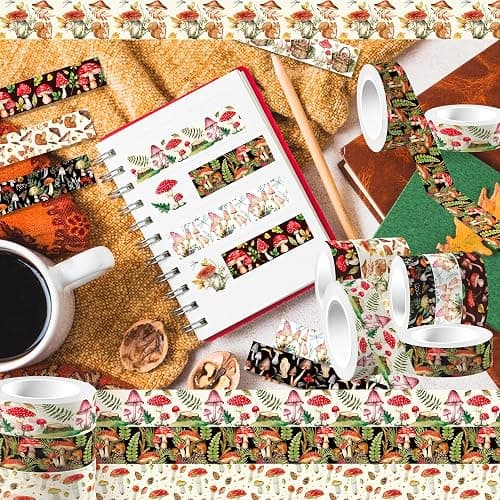 MOZUI 12 Pcs Mushroom Washi Tapes Set Forest Mushroom Vintage Masking Tape Mushroom Themed Decorative Tape Mushroom Printed Decorative for DIY, Planner, Scrapbooking, and Party Decor thumbnail 5