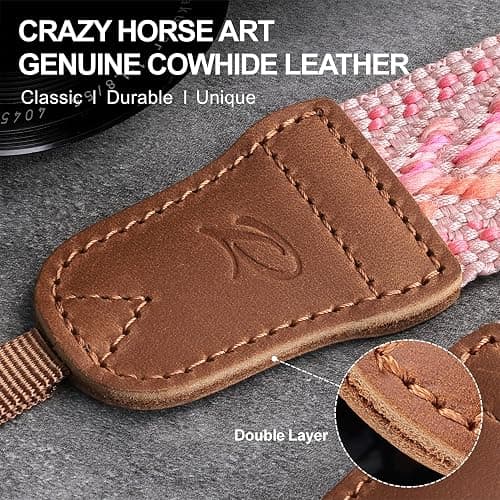Padwa Lifestyle Speed Pink Camera Strap - 1.5" Soft Cotton Rope Weave Crazy Horse Cowhide Head Camera Straps for Photographers and All Cameras,Cute Adjustable Vintage Woven Strap for Adults & Kids thumbnail 2