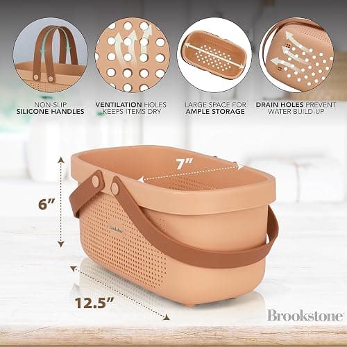 Brookstone Modern Large Portable Shower Caddy with Soft Silicone Carrying Handle, Bathroom Organizer Basket, Plastic Bath Tote and Shower Organizer, Quick Dry Drainage Holes, BPA Free, Blush thumbnail 3