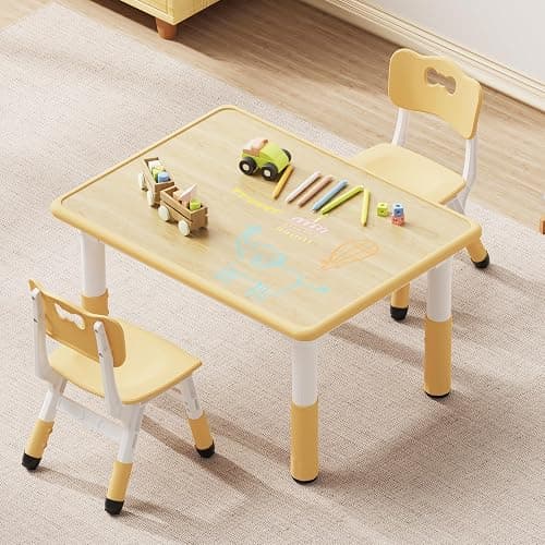 Brelley Kids Table and 2 Chairs Set, Height Adjustable Toddler Desk 31.5" L x 23.6" W and Chair Set, Graffiti Desktop, Classroom/Daycare/Home, Children Multi-Activity Table for Ages 3-8 thumbnail 9