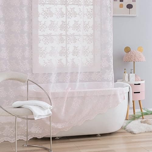 TUDECO Pink Shower Curtain - Shabby Chic Lace Floral Girly Cute Shower Curtain with Attach Valance, Sheer Vintage Coquette Aesthetic Bathroom Curtain, Scalloped Edge Top, 72 x 72 Inch, Light Pink thumbnail 5