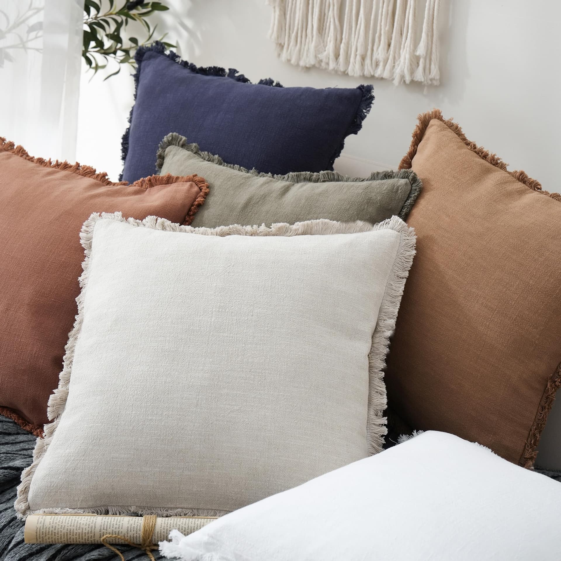 Foindtower Set of 2 Decorative Linen Edges Throw Pillow Covers Cozy Farmhouse Boho Tassels Cushion Cover Soft Accent Pillowcase for Sofa Bed Living Room Home Decor 50×50cm Beige thumbnail 5