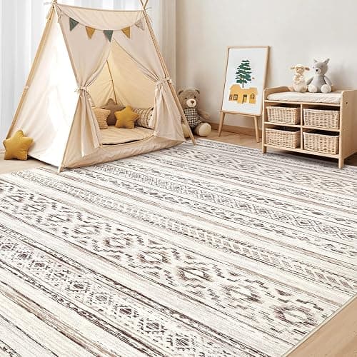 Large Living Room Area Rug 9x12: Soft Machine Washable Boho Moroccan Farmhouse Rugs for Bedroom Under Dining Table - Non-Slip Neutral Morden Indoor Floor Rug Carpet for Home Office Decor - Cream Brown thumbnail 7