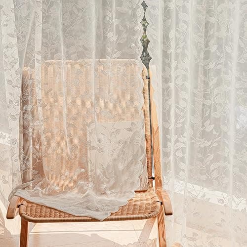 Rinwoc Beige Lace Sheer Curtains – Vintage Leaves Pattern Lace Curtains for Living Room/Bedroom, Light Filtering Modern Privacy Light Filtering Rod Pocket Window Drapes, 52W x 63L Inch, 2 Panels thumbnail 2