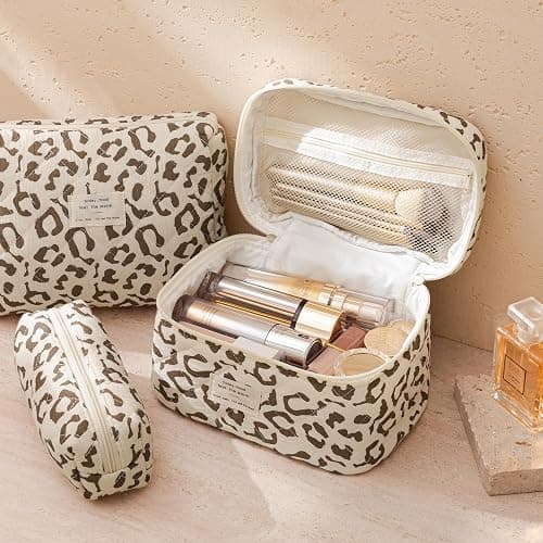 HBselect Quilted Makeup Bag, 3PCS Cotton Large Travel Makeup Bag, Cute Floral Coquette Make up Bag Cosmetic Bag Toiletry Bag for Women Girls thumbnail 2