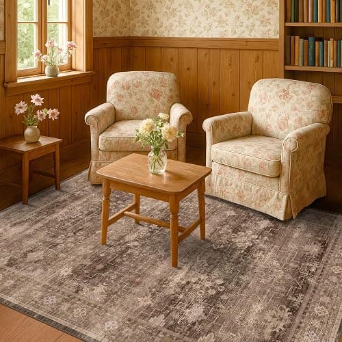 Hazo Haus Boho Taupe Brown 5x7 Living Room Rug - Modern Vintage Traditional Oriental Neutral, Washable Low Pile Non-Slip Large Area Rugs for Nursery Dining Under Table thumbnail 8