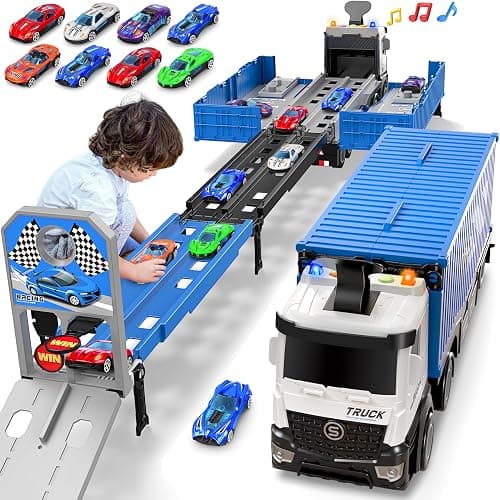 Carrier Truck Race Track Toddlers Toys, Foldable 3 Layer Track Playset, Toy Truck Transport Car Carrier & 8 Race Cars, Truck Car Kids Toys Xmas Gifts for Age 3 4 5 6+ Years Old Boys Girls - Image 1