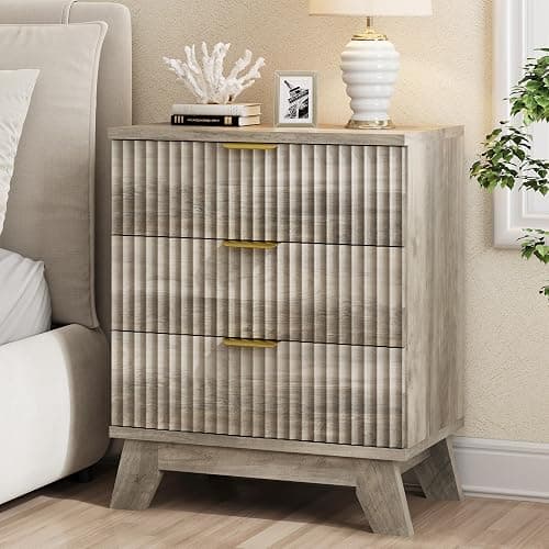 Fluted Nightstand, 24" Wide Side Table with 3 Large Storage Drawers, Mid Century Modern Wood Night Stand with Metal Handle, Wooden Bedside End Table for Bedroom, Living Room, Closet, Grey - Image 1