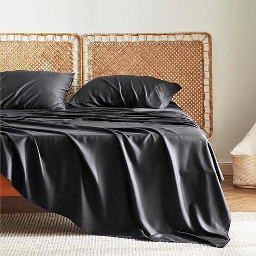 Bedsure Queen Sheets, Rayon Derived from Bamboo, Queen Cooling Sheet Set, Deep Pocket Up to 16", Breathable & Soft Bed Sheets, Hotel Luxury Silky Bedding Sheets & Pillowcases, Black - 09 - Black - Queen thumbnail 2