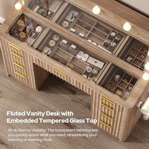 47" Fluted Vanity Desk with 42" Mirror & LED Lights, Large 9 Drawers Makeup Vanity Table with Tempered Glass Top & Charging Station, Waterfall Edge Design for Women&Girls, Bedroom or Dorm, Natural Oak thumbnail 5