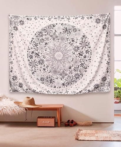 Neasow Bohemian Tapestry Wall Hanging, Beige White Floral Tapestry with Dotted Daisy Medallion Print Bedroom Boho Hippie Home Decor, 36×48 inches thumbnail 3