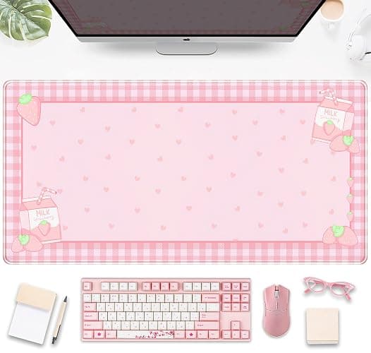 Cute Pink Plaid Desk Mats Strawberry Milk Gaming Desk Pad, Kawaii Extended Mouse Pad Kawaii Large Keyboard Mats XXL, Laptop Mat for Desk, Desktop Mat Mousepad Office Decor for Women 31.5"x15.75" - Image 1