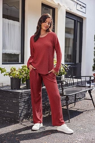 Ekouaer Women's Waffle Knit Pajama Sets Comfy Long Sleeve Lounge Sets 2 Piece Matching Pj Sets with Pockets thumbnail 4