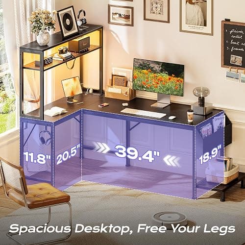 PRAISUN L Shaped Gaming Desk with LED Lights & Power Outlets | Reversible Computer Desk with Storage Shelves & Bag, Large Corner Home Office Desk with Pegboard for Work from Home, Black thumbnail 5