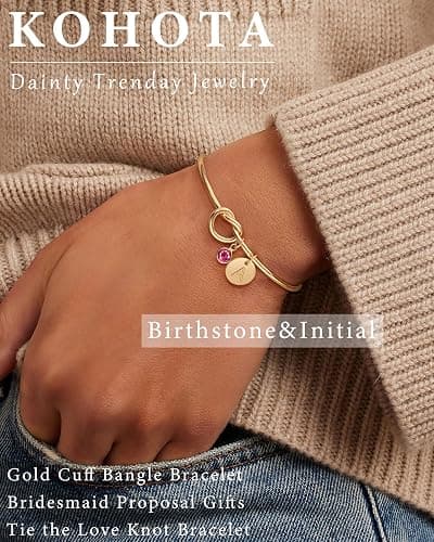 Valentine's Day Gift Initial Birthstone Gold Bracelets for Women Bridesmaid Proposal Gift Tie the Love Knot Cuff Bangle Bracelet 14K Gold Plated Adjustable Birthstone Bracelets Personalized Charm Birthday Gift thumbnail 2