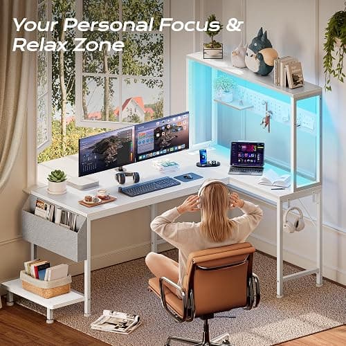 PRAISUN L Shaped Gaming Desk with LED Lights & Power Outlets | Reversible Computer Desk with Storage Shelves & Bag, Large Corner Home Office Desk with Pegboard for Work from Home, White thumbnail 6