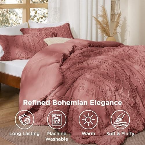 Bedsure Tufted Boho Comforter Set Queen Size - Grayish Pink Boho Bed Set, GentleSoft™ 3 Pieces Farmhouse Shabby Chic Embroidery Bedding, Gifts for Woman, Soft Jacquard Queen Comforter for All Seasons thumbnail 3
