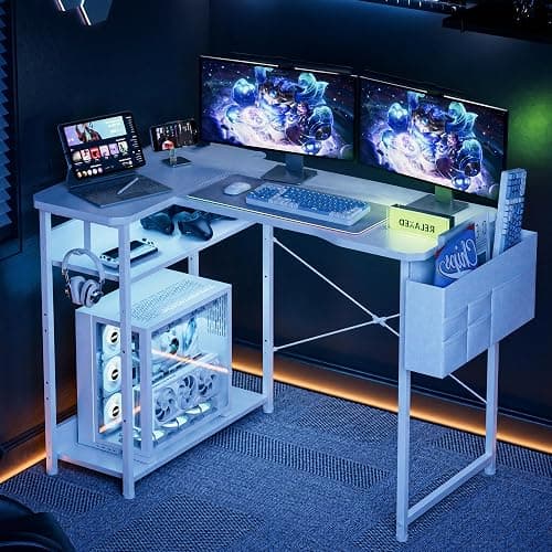 Acrolix L Shaped Gaming Desk 48 Inch - Computer Corner Desk with Power Outlets, Reversible Shelves & Storage Bag for Home Office, PC Gaming Table, White Carbon thumbnail 2