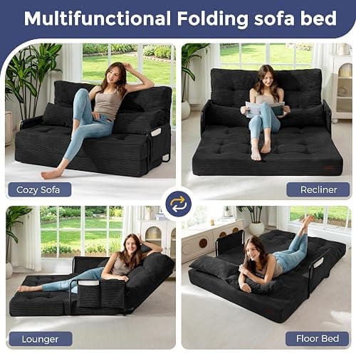 MAXYOYO Adjustable Folding Sofa Bed Couch with 2 Pillows, Black | Multi-Functional Bean Bag Bed, 5-Position Foldable Lazy Floor Sofa Bed with Armrest, Versatile Floor Seating for Reading thumbnail 4