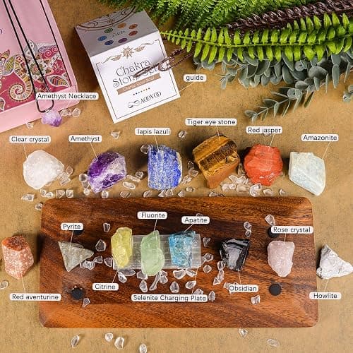 AOOVOO 17Pcs Crystals and Healing Stones, 14Pcs Real Raw Chakra Stones Set, Selenite Charging Plate, Amethyst Necklace, Rose Quartz, Mothers Day Gifts, Gift Box, Guide for Beginners, Collection, Meditation, Yoga thumbnail 6