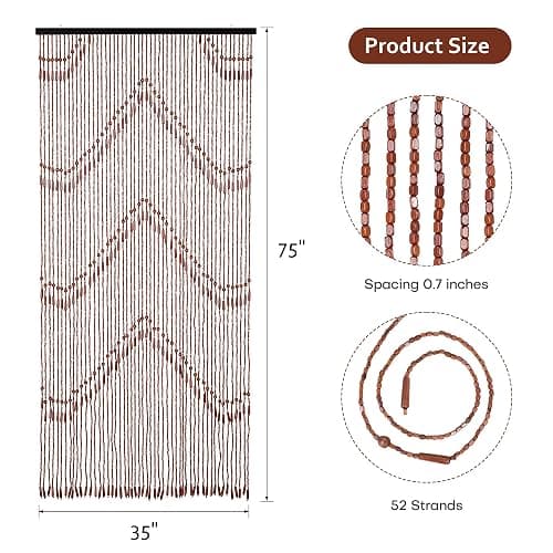 Foreate 52 Strands Beaded Curtain for Doorway Handmade Bamboo Wood Door Beads Hanging Room Divider Bohemian Hallway Window Hippie Curtains Rustic Home Bedroom Decor 35.5" x 75" Brown - Brown thumbnail 3