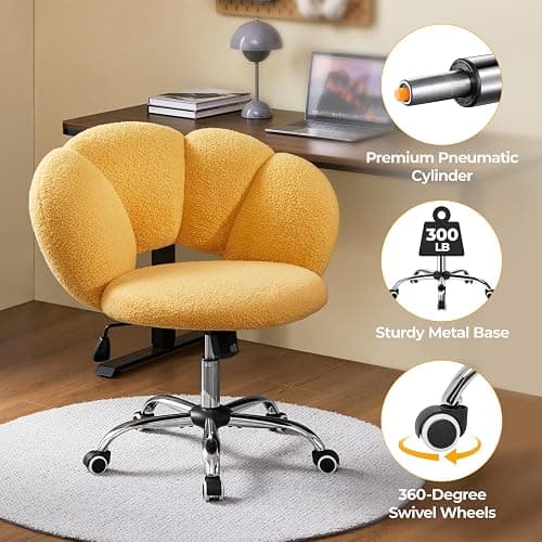 Yaheetech Boucle Upholstered Desk Chair Cloud-Shaped Vanity Chair Adjustable Home Office Computer with Rolling Wheels for Living Room, Bedroom Yellow thumbnail 6