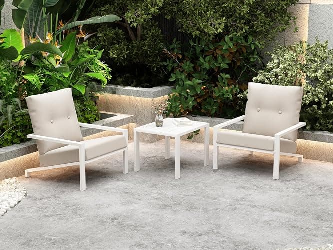 RICHLY Aluminum Terrace Furniture Set, 3-Piece Outdoor Tavern Aluminum Set, 2 Chairs with Waterproof Pads, and 1 Terrace Table, Perfect for Any Balcony, Lawn, Garden, or Backyard (Off White) thumbnail 2