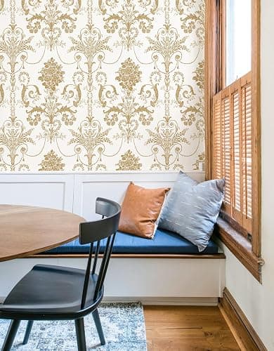 EchoSphere 17.3" X 118" Damask Floral Peel and Stick Wallpaper Boho Gold Flower Contact Paper Gold and White Damascus Wallpaper Removable Self Adhesive Decorative Wall Paper for Bedroom Vinyl Roll thumbnail 8