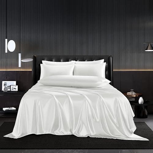 HommxJF 5Pcs White Satin Sheets Set Breathable Luxury Silky Satin Bedding Set with 1 Flat Sheet,1Deep Pocket Fitted Sheet,3Pillowcase - Image 1